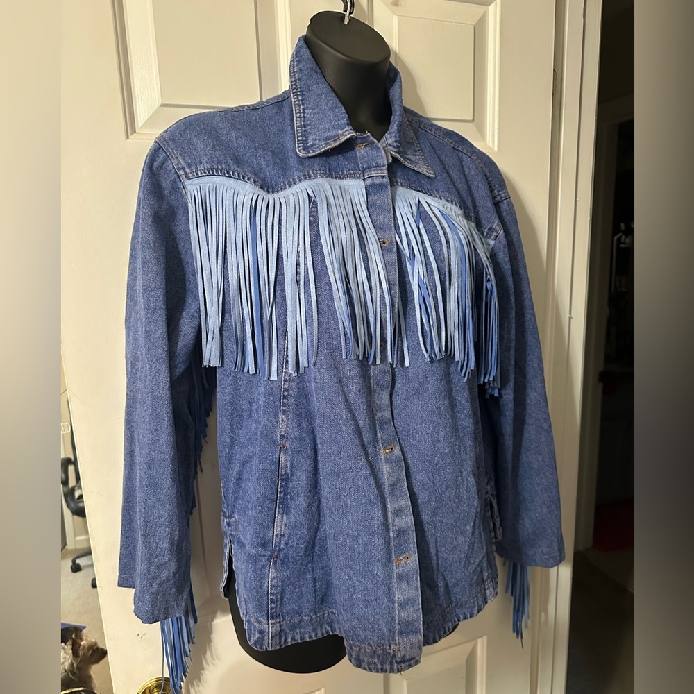 Denim Fringe Jacket Shacket Blue Long Sleeve Never